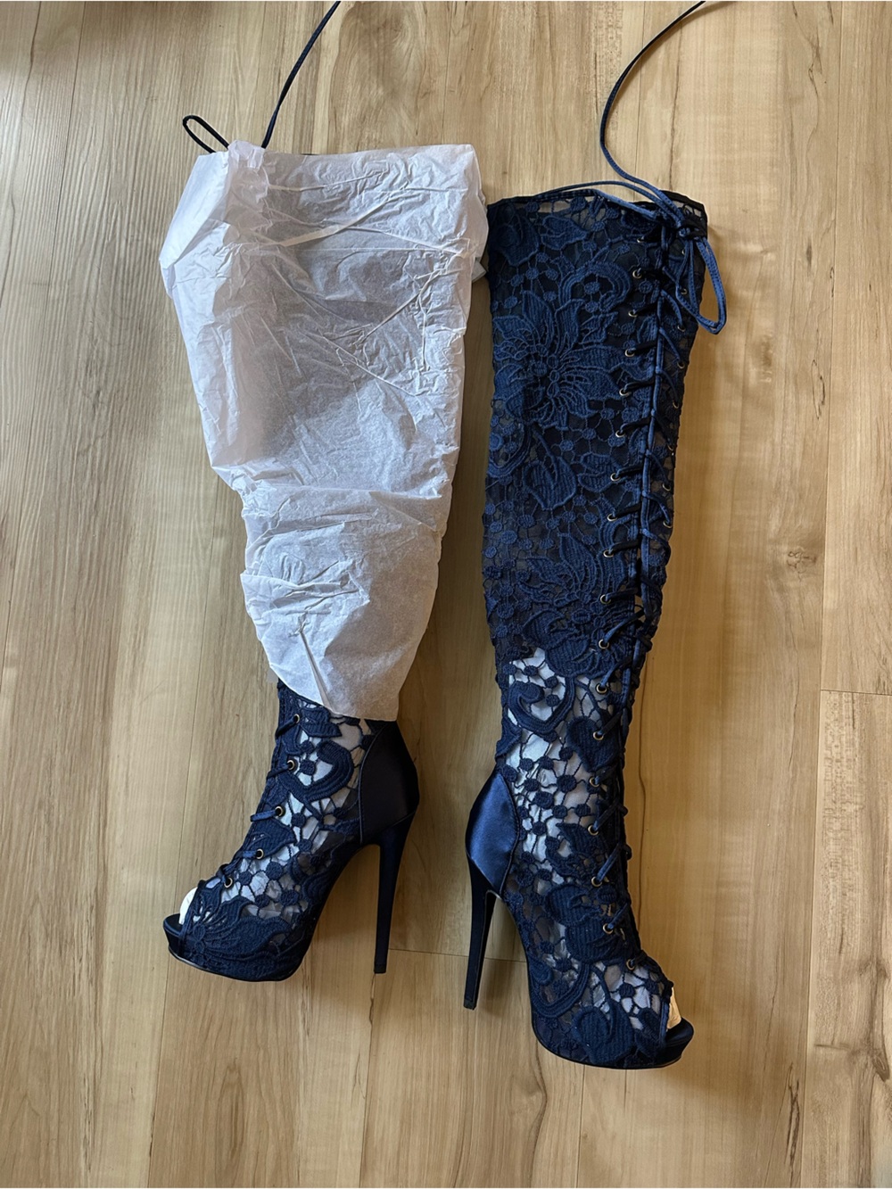 Blue Lace Over-the-Knee Lace-Up Stiletto Boots! Brand New!